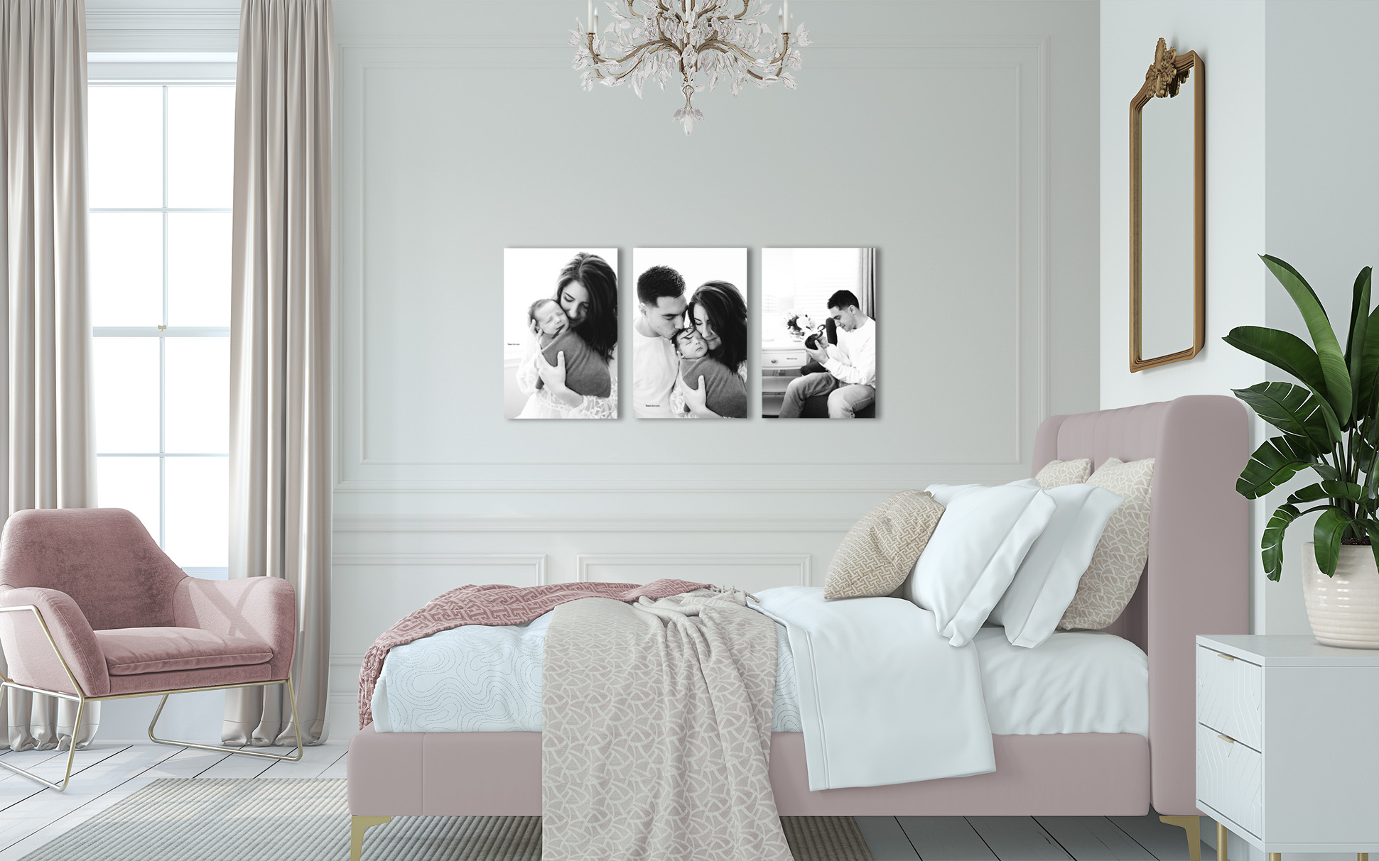 Framed photos in bedroom, Houston portrait studio