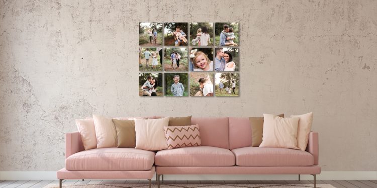 Photo collage displayed in living room over couch, wall art inspiration