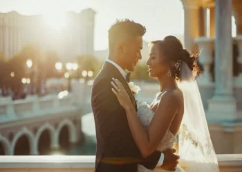 A bride and groom embrace at sunset in front of a scenic bridge and architecture, capturing the romantic ambiance of Las Vegas wedding venues.